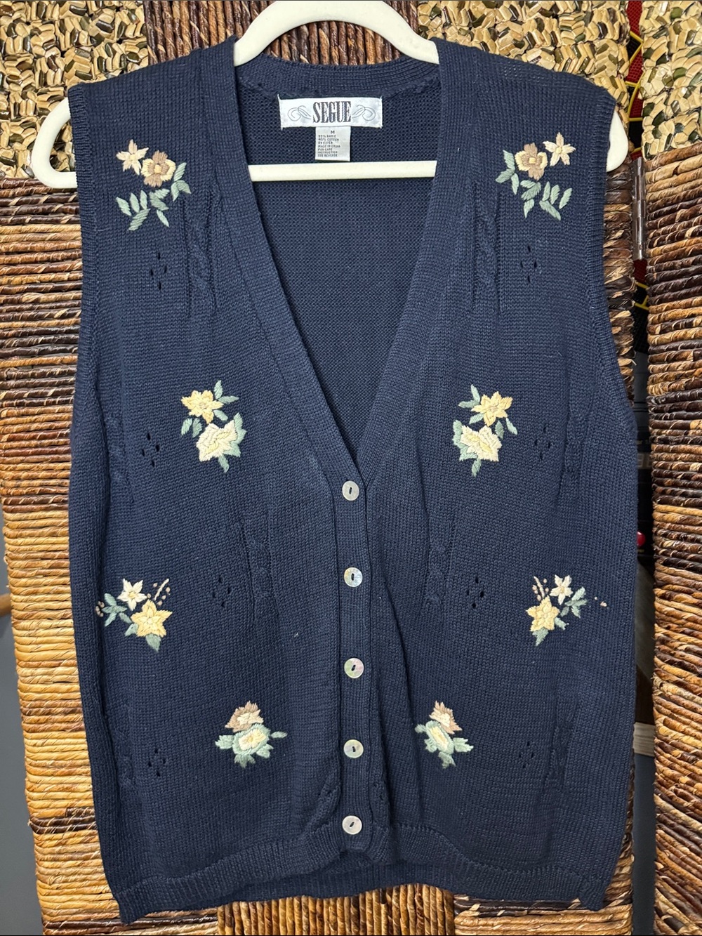Vintage Navy Blue Floral Embroidered Button-Front Sweater Vest